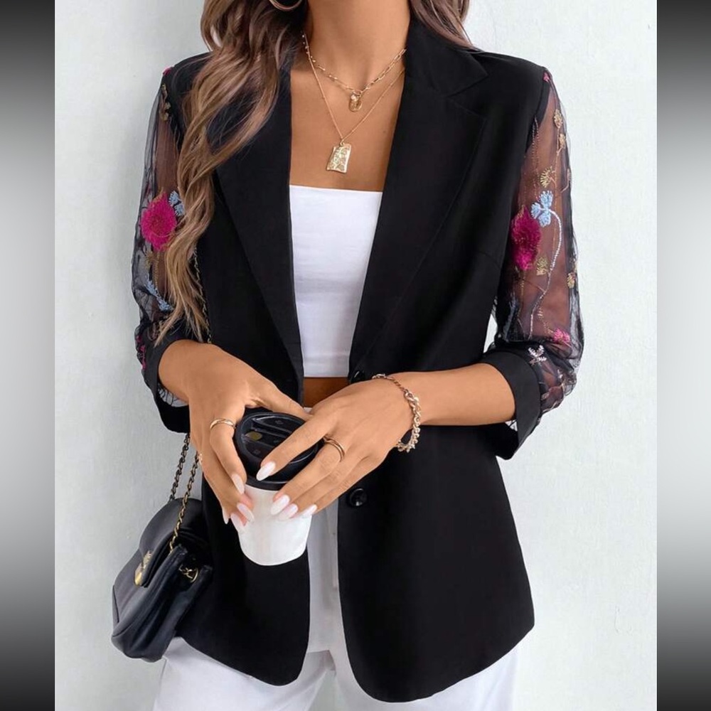 Women's Black Blazer with Floral Sleeves